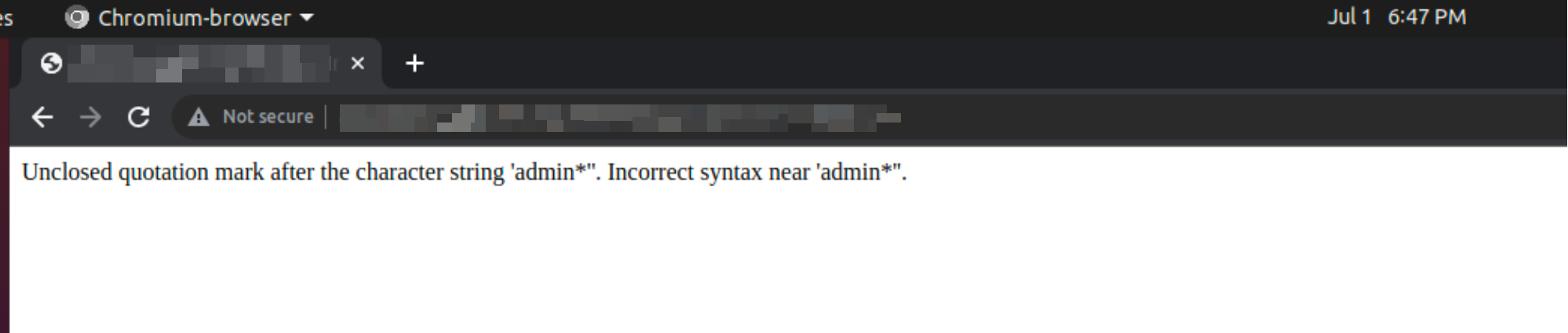 Browser response showing an unclosed-quotation-mark SQL error